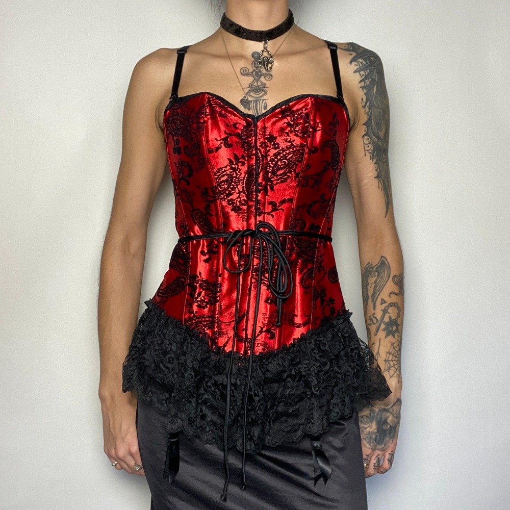 Frederick's of Hollywood Red Black Satin Lace Corset Bustier Goth Y2K Style M